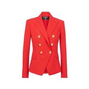 Balmain Double-Breasted Gold Logo Button Wool Blazer